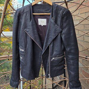 Maje Black Textured Leather Moto Jacket
